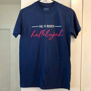 Women's small "He is risen hallelujah" short sleeve shirt.